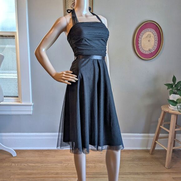 Vintage 90s Y2K XOXO Halter Dress Black Glitter Midi Prom Whimsigoth Size 3 - Picture 1 of 12
